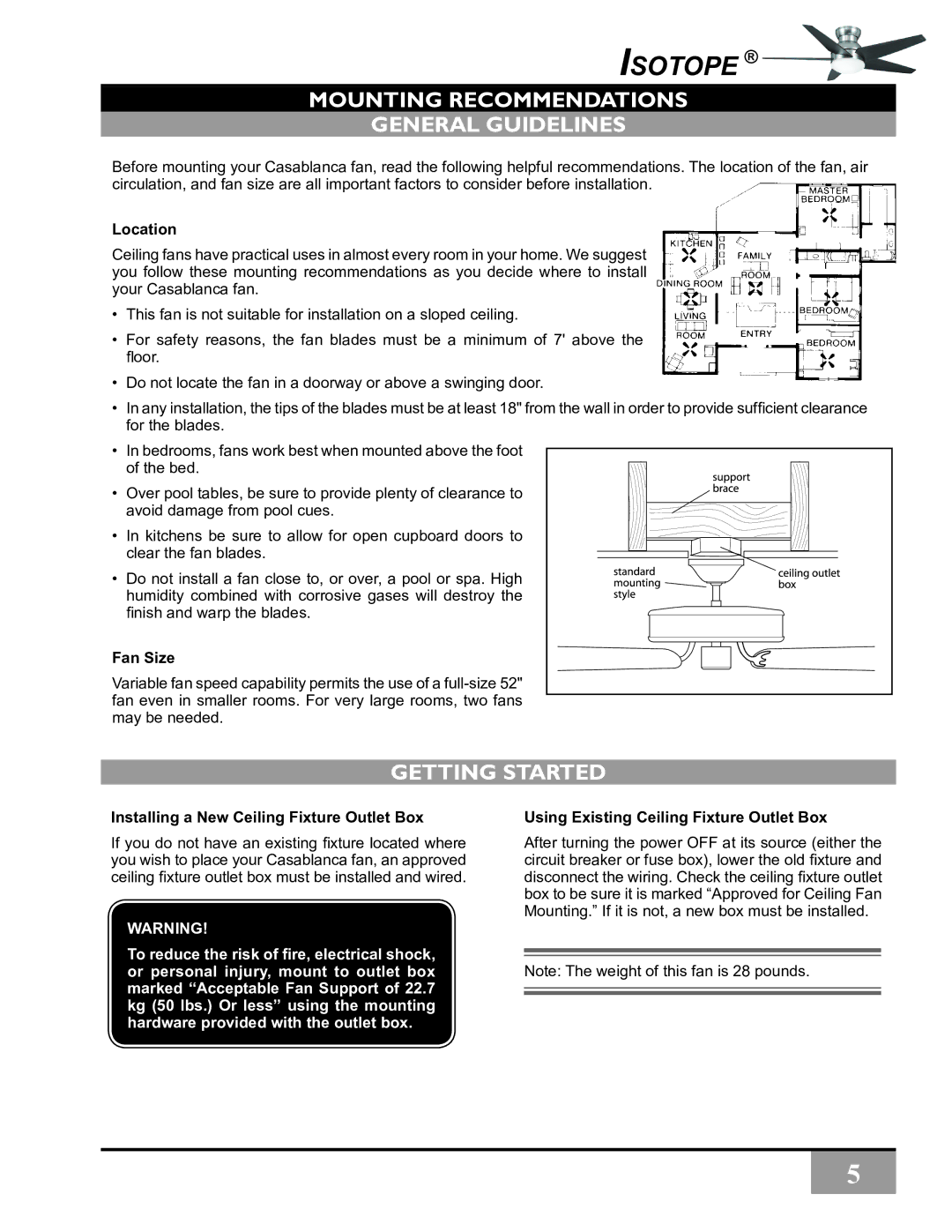 Casablanca Fan Company C30G45L owner manual General Guidelines, Getting Started 