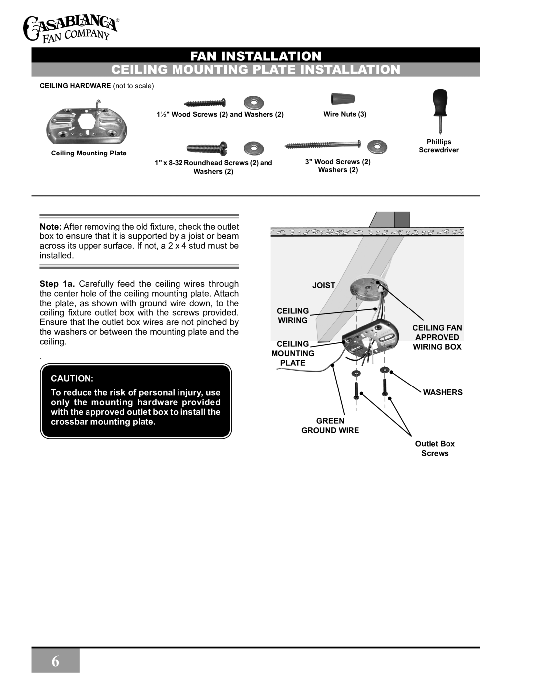 Casablanca Fan Company C30G45L owner manual Fan Installation Ceiling Mounting Plate Installation 