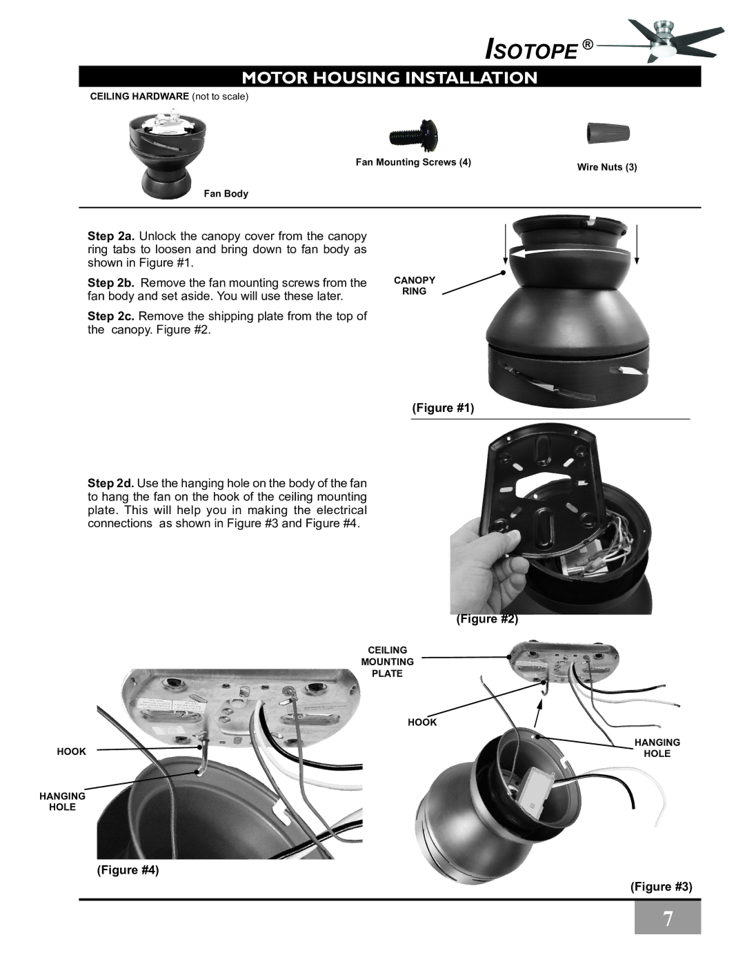 Casablanca Fan Company C30G45L owner manual Motor housing Installation, Figure #1 