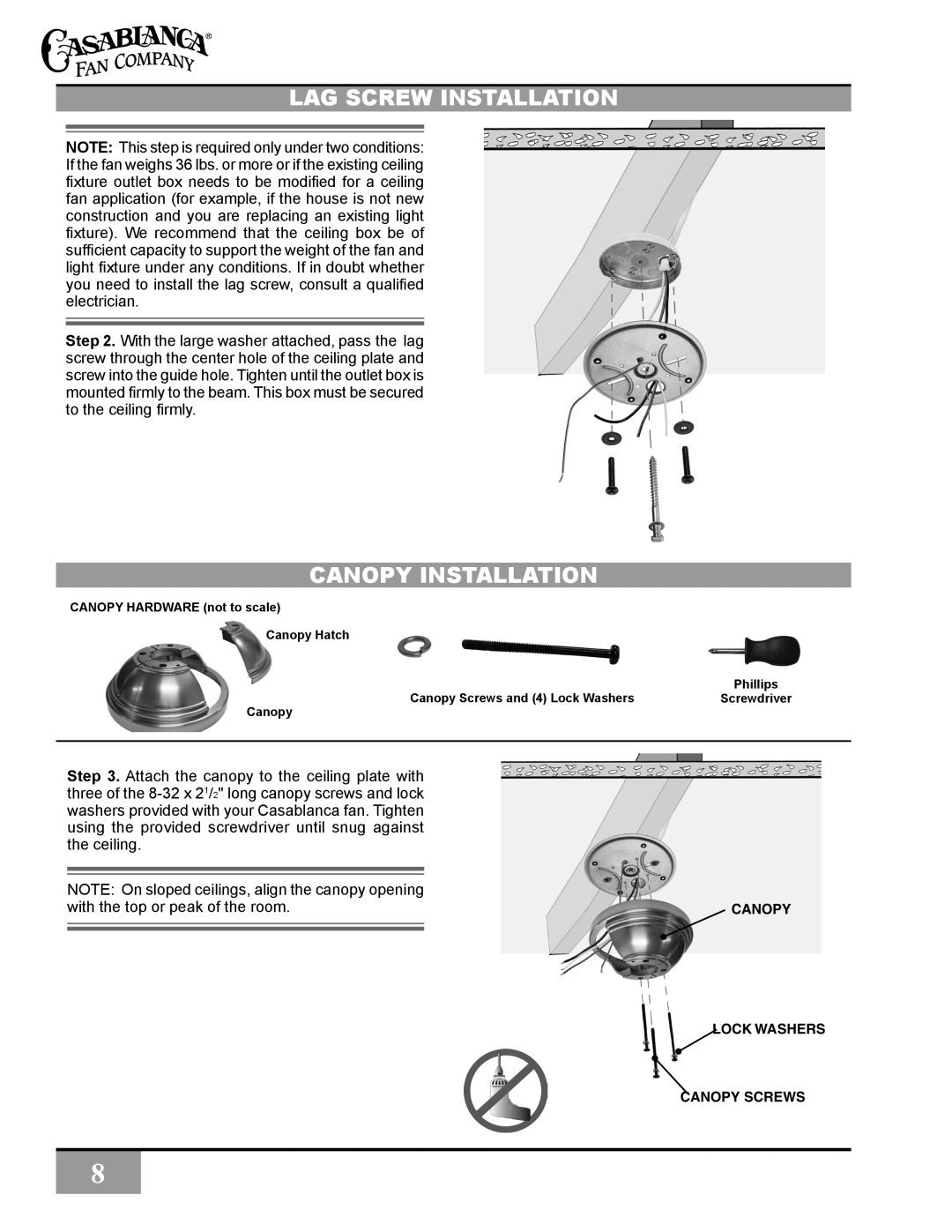 Casablanca Fan Company C31UxxZ owner manual Lag Screw Installation, Canopy Installation, Canopy Lock Washers Canopy Screws 