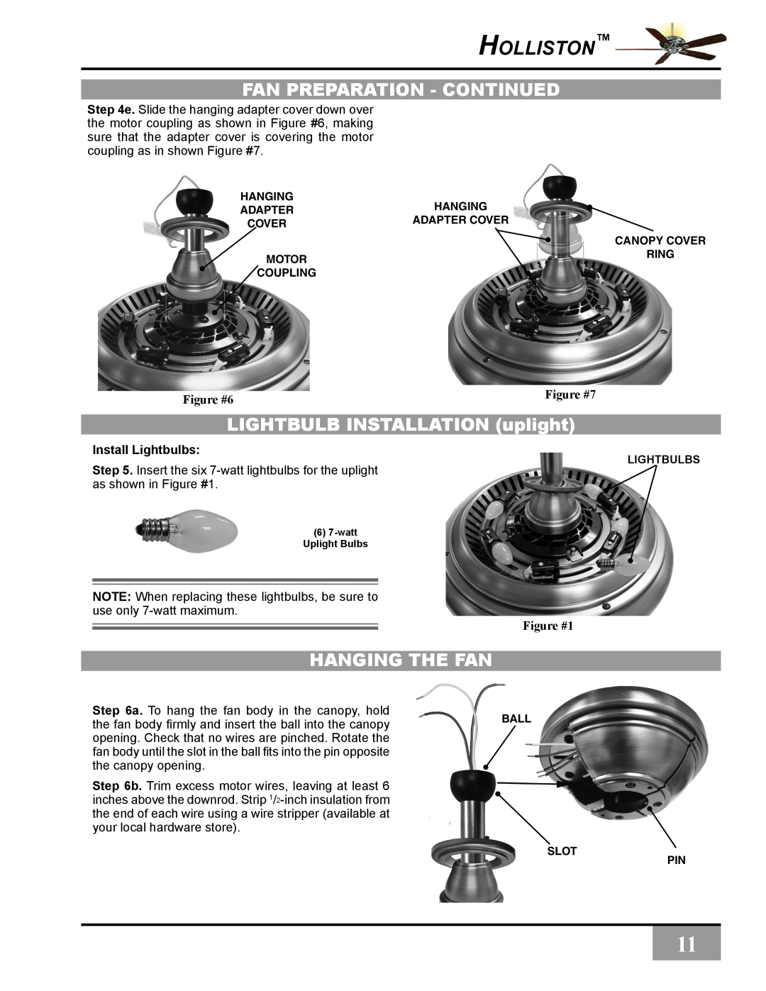 Casablanca Fan Company C31UxxZ LIGHTBULB INSTALLATION uplight, Hanging the Fan, Figure #6, Figure #7, Install Lightbulbs 