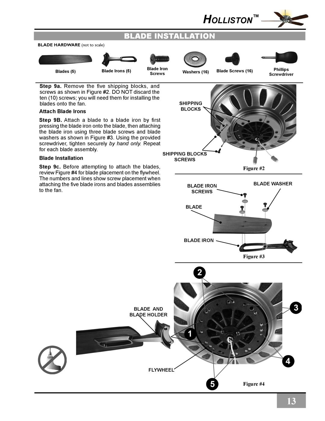 Casablanca Fan Company C31UxxZ Blade Installation, Attach Blade Irons, Holliston, Figure #2, Figure #3, Figure #4 