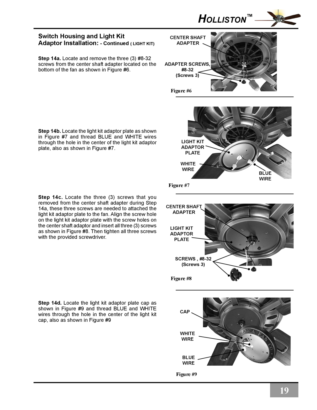 Casablanca Fan Company C31UxxZ Switch Housing and Light Kit, Adaptor Installation - Continued LIGHT KIT, Figure #9 