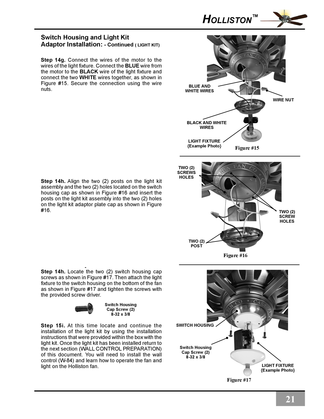 Casablanca Fan Company C31UxxZ owner manual Figure #15, Figure #16, Figure #17, Holliston, Switch Housing and Light Kit 