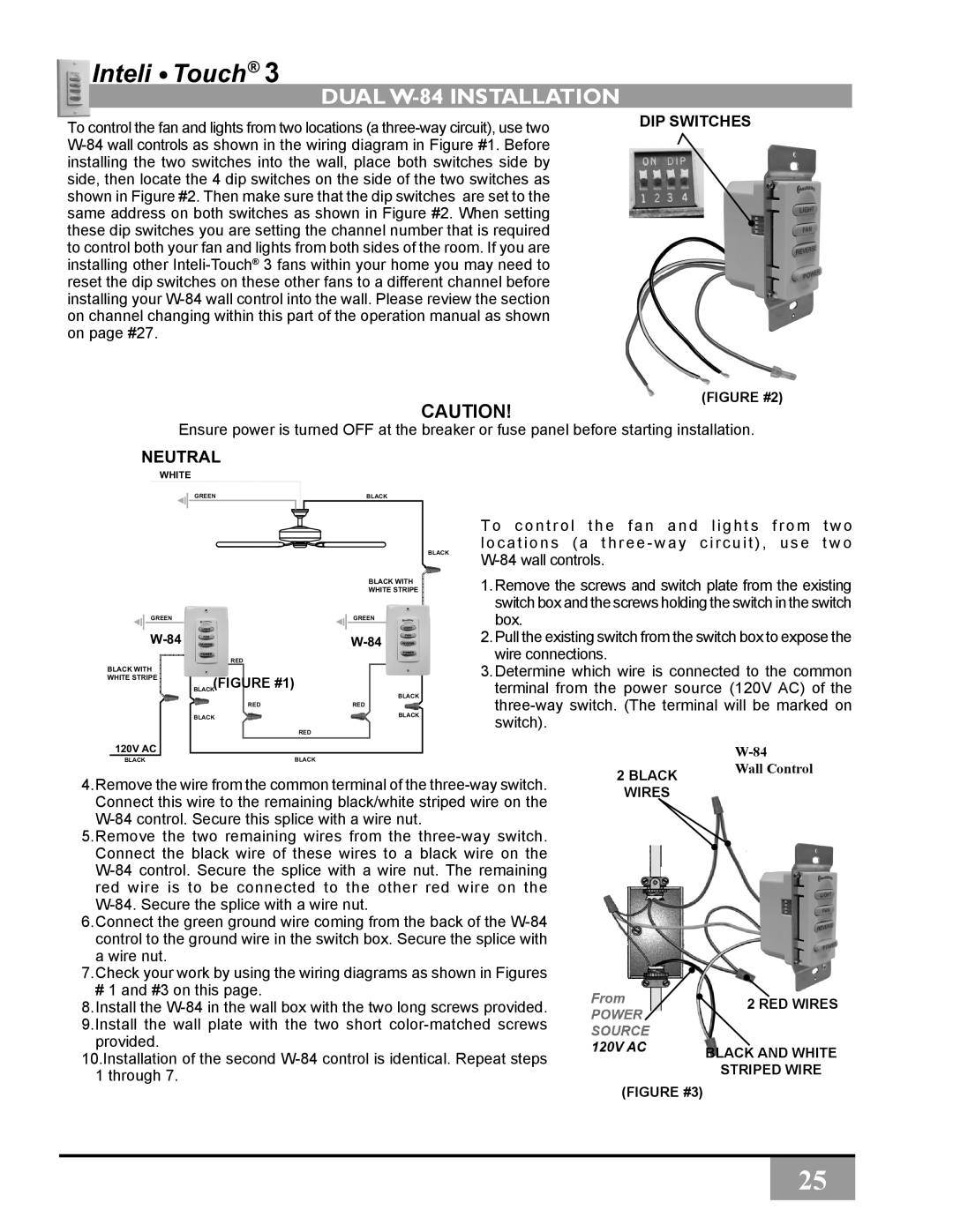 Casablanca Fan Company C31UxxZ owner manual dual W-84 Installation, Neutral, Dip Switches 