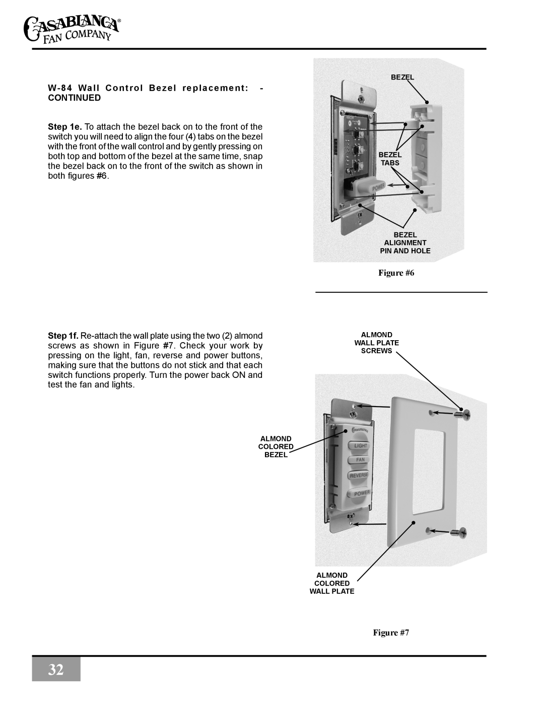 Casablanca Fan Company C31UxxZ W-84 Wall Control Bezel replacement CONTINUED, Figure #6, Figure #7, Almond Colored Bezel 