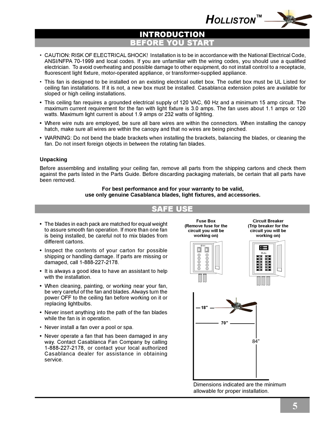 Casablanca Fan Company C31UxxZ owner manual Introduction Before You Start, Safe Use, Unpacking, Holliston 