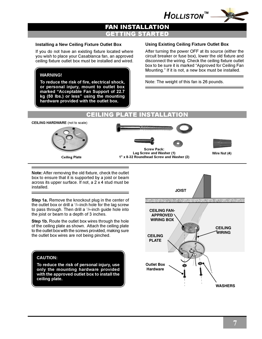 Casablanca Fan Company C31UxxZ owner manual Fan Installation Getting Started, Ceiling plate Installation, Holliston 