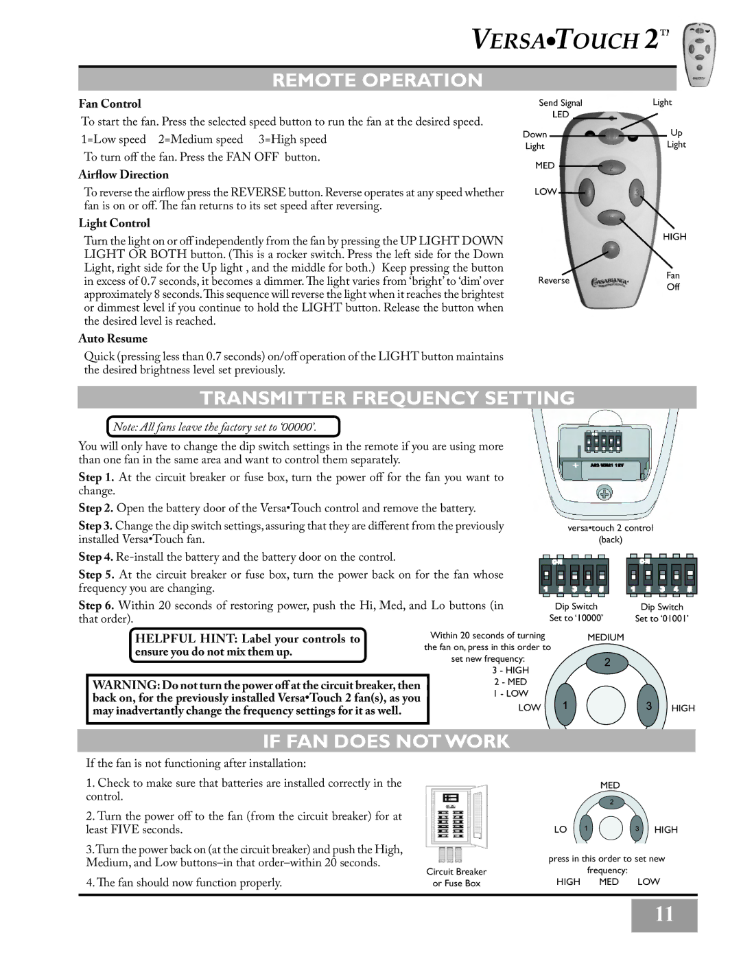 Casablanca Fan Company C3U72M owner manual Remote Operation, Transmitter Frequency Setting, If FAN does not Work 