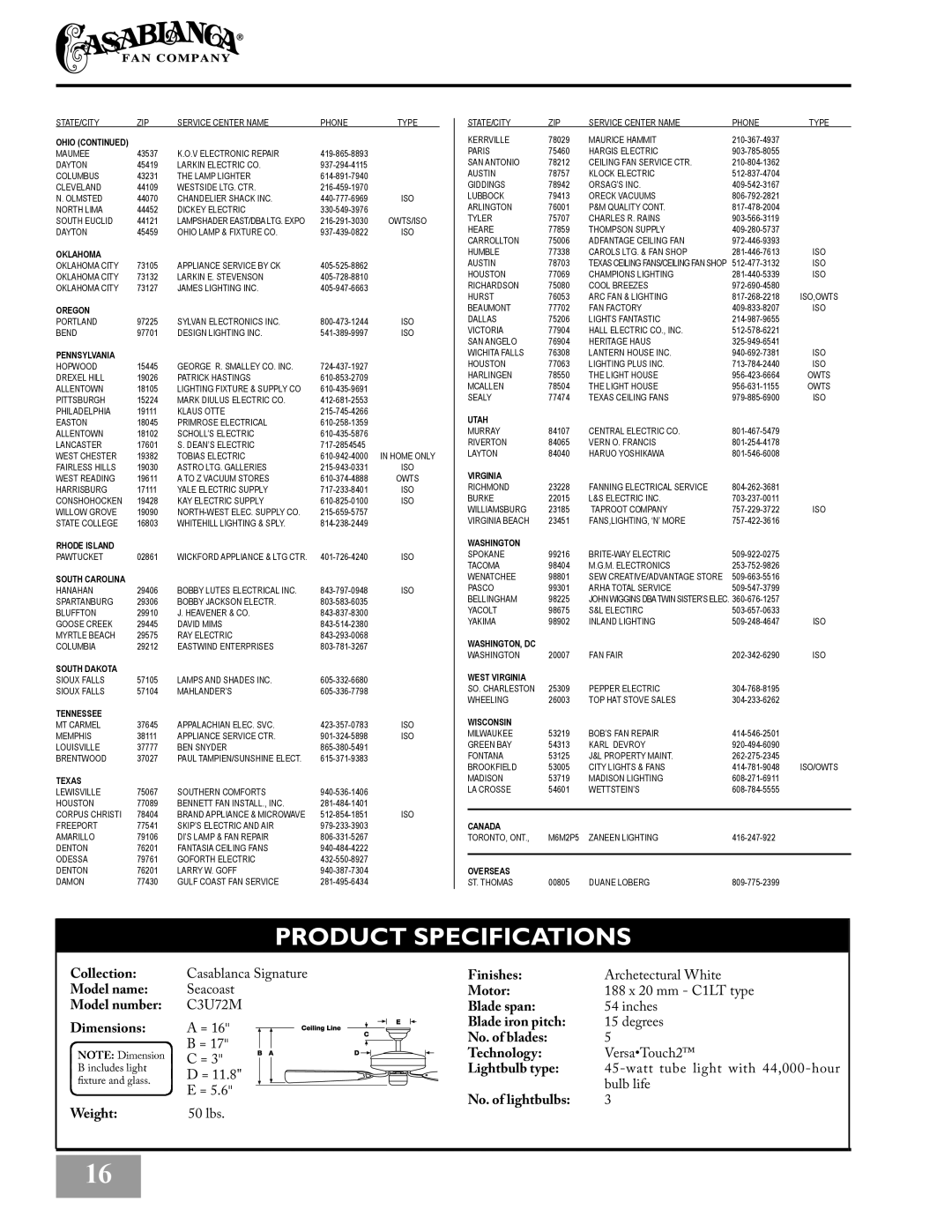 Casablanca Fan Company C3U72M owner manual Product Specifications, Oklahoma 