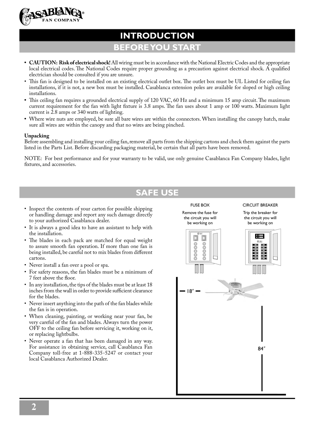 Casablanca Fan Company C3U72M owner manual Introduction Beforeyou Start, Safe USE, Unpacking 