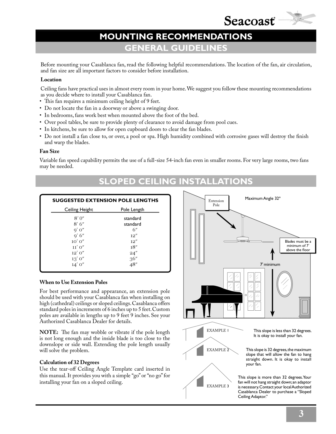 Casablanca Fan Company C3U72M owner manual Mounting Recommendations General Guidelines, Sloped Ceiling Installations 