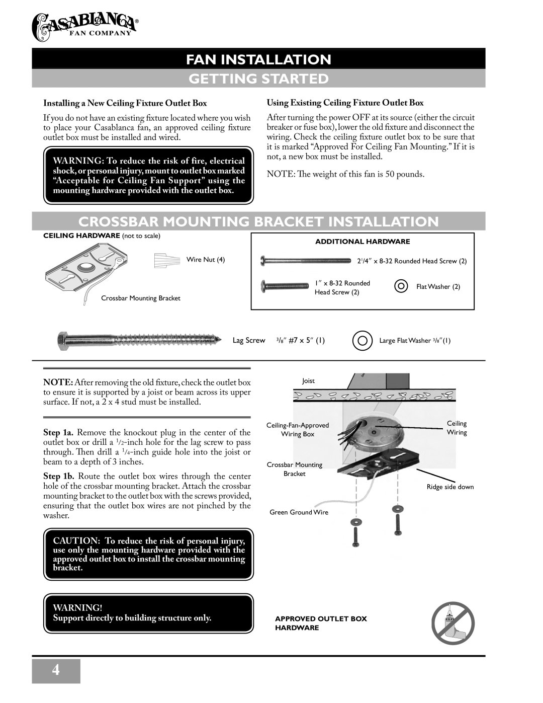 Casablanca Fan Company C3U72M owner manual FAN Installation Getting Started, Crossbar Mounting Bracket Installation 