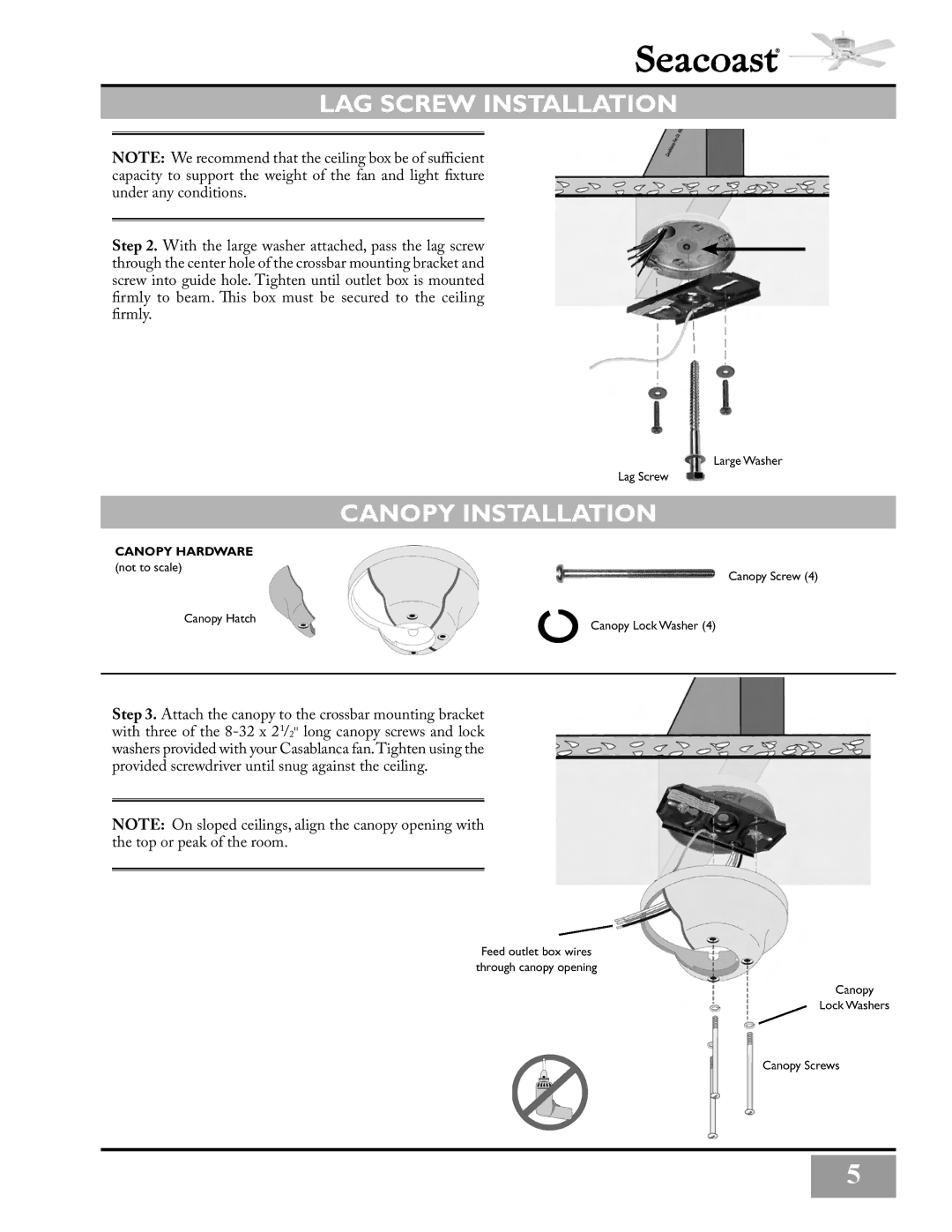 Casablanca Fan Company C3U72M owner manual LAG Screw Installation, Canopy Installation 