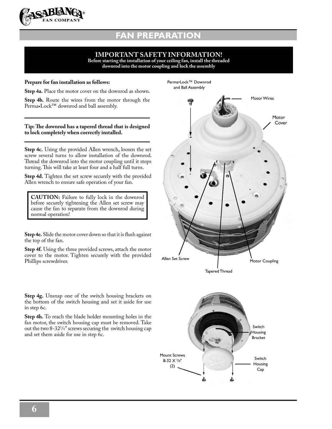 Casablanca Fan Company C3U72M owner manual FAN Preparation, Prepare for fan installation as follows 