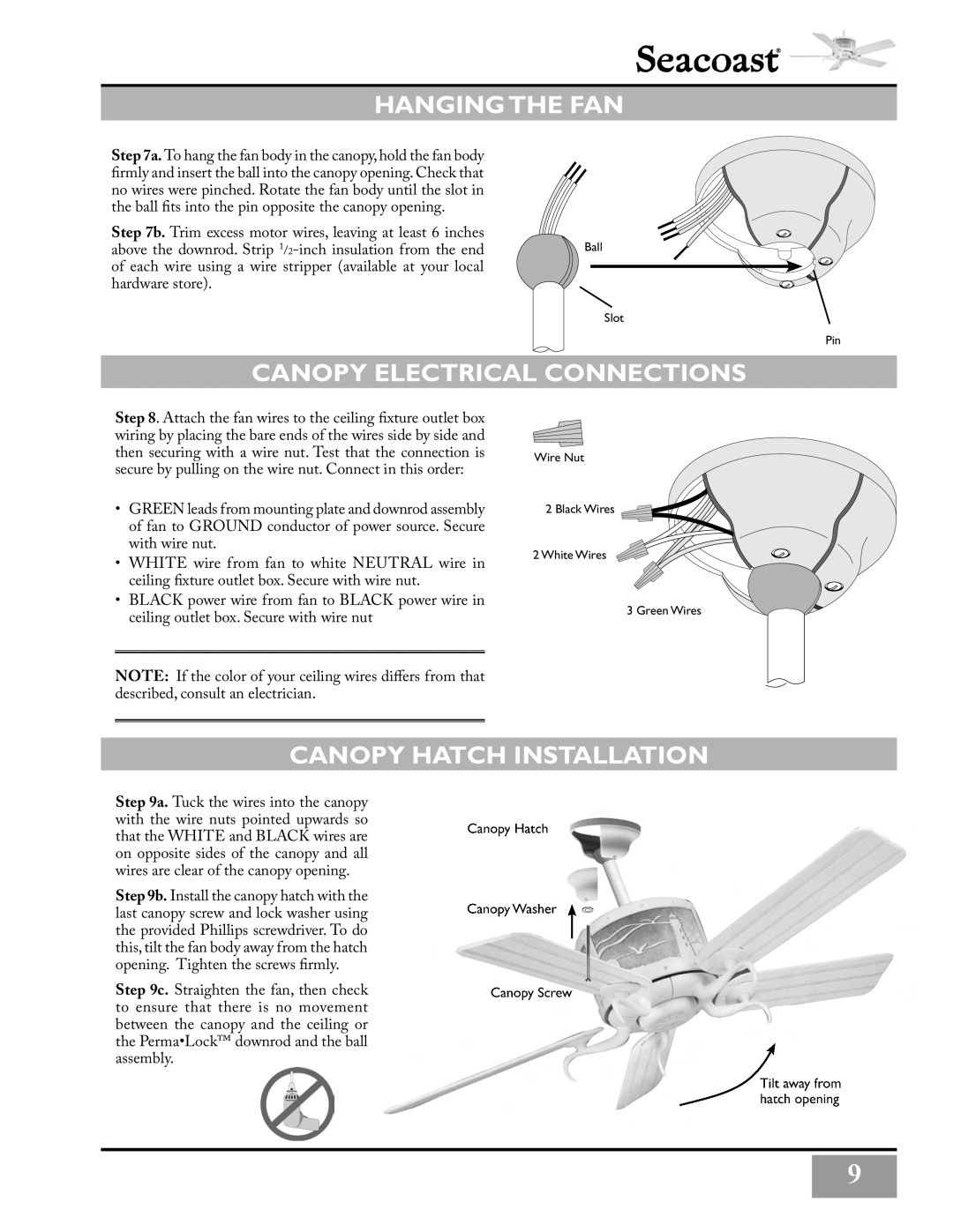 Casablanca Fan Company C3U72M owner manual Hangingthe FAN, Canopy Electrical Connections, Canopy Hatch Installation 