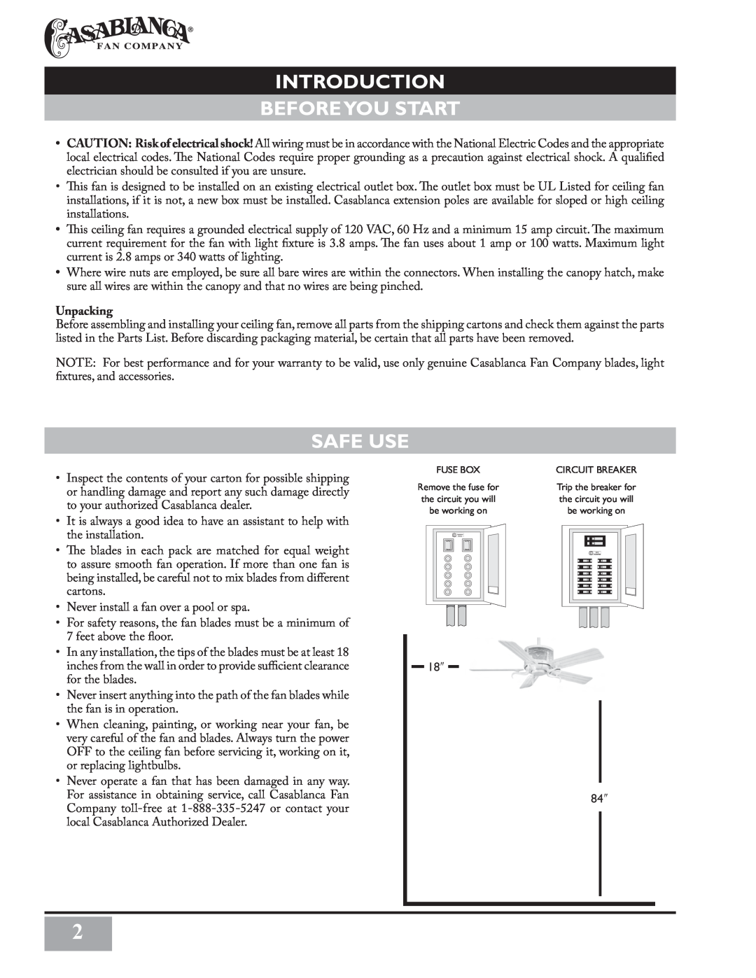 Casablanca Fan Company C3U72M owner manual Introduction Beforeyou Start, Safe Use, Unpacking 
