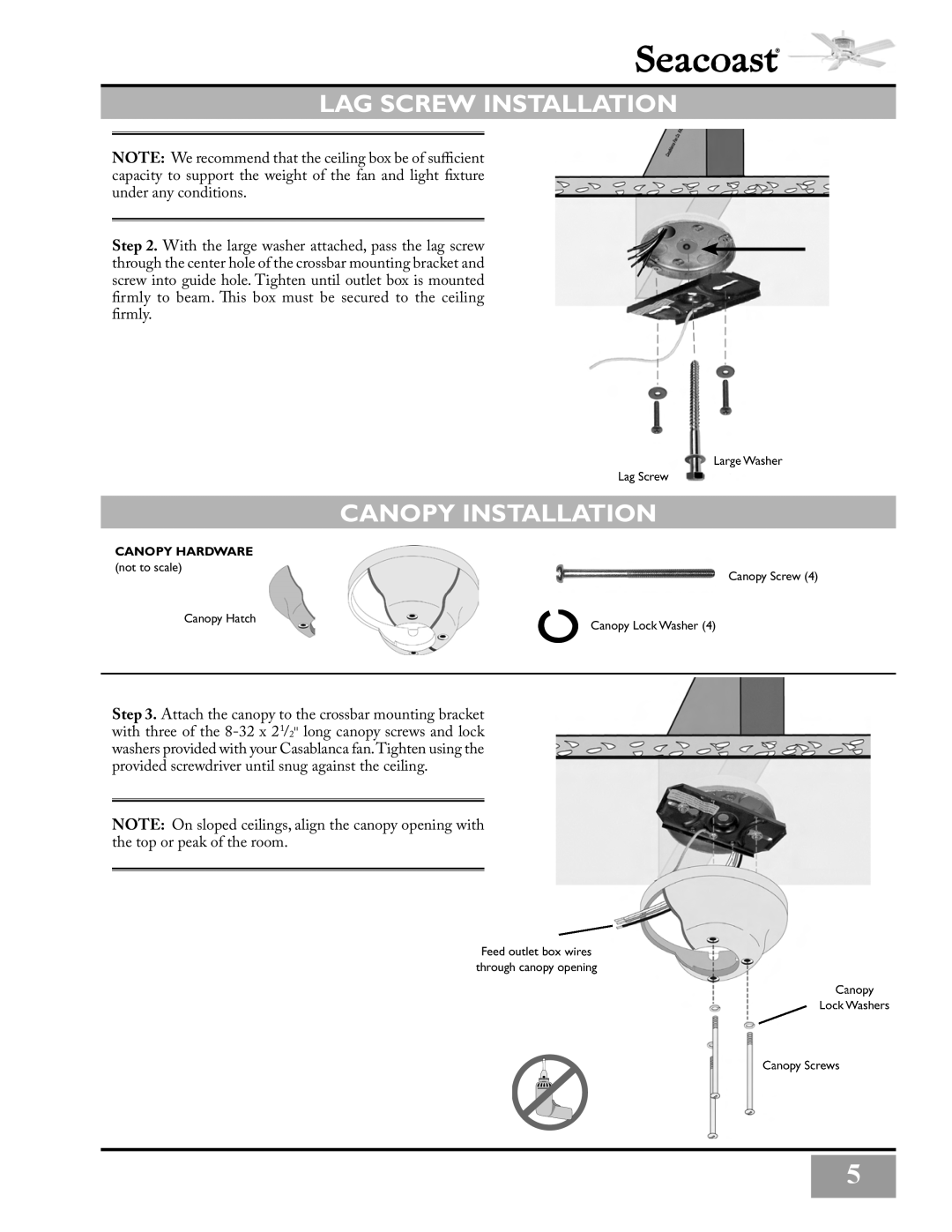 Casablanca Fan Company C3U72M owner manual Lag Screw Installation, Canopy Installation 