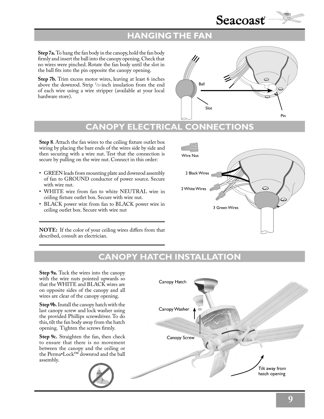 Casablanca Fan Company C3U72M owner manual Hangingthe Fan, Canopy Electrical Connections, Canopy Hatch Installation 