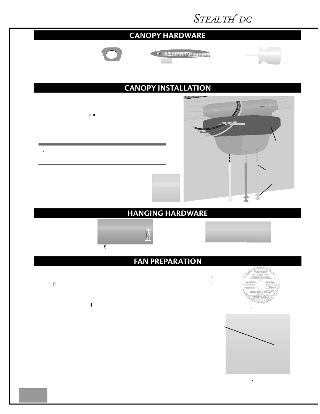 Casablanca Fan Company C45GxxxB owner manual Canopy Hardware, Canopy Installation, Hanging Hardware, FAN Preparation 