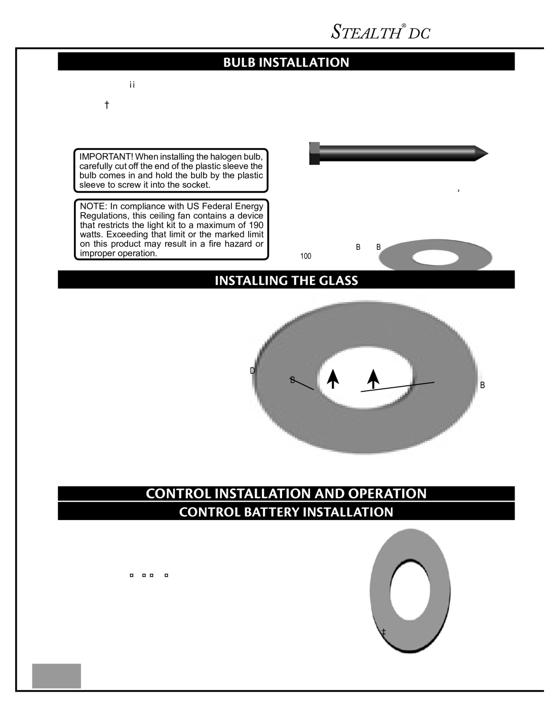 Casablanca Fan Company C45GxxxB owner manual Control Installation and Operation, Bulb Installation, Installing the Glass 