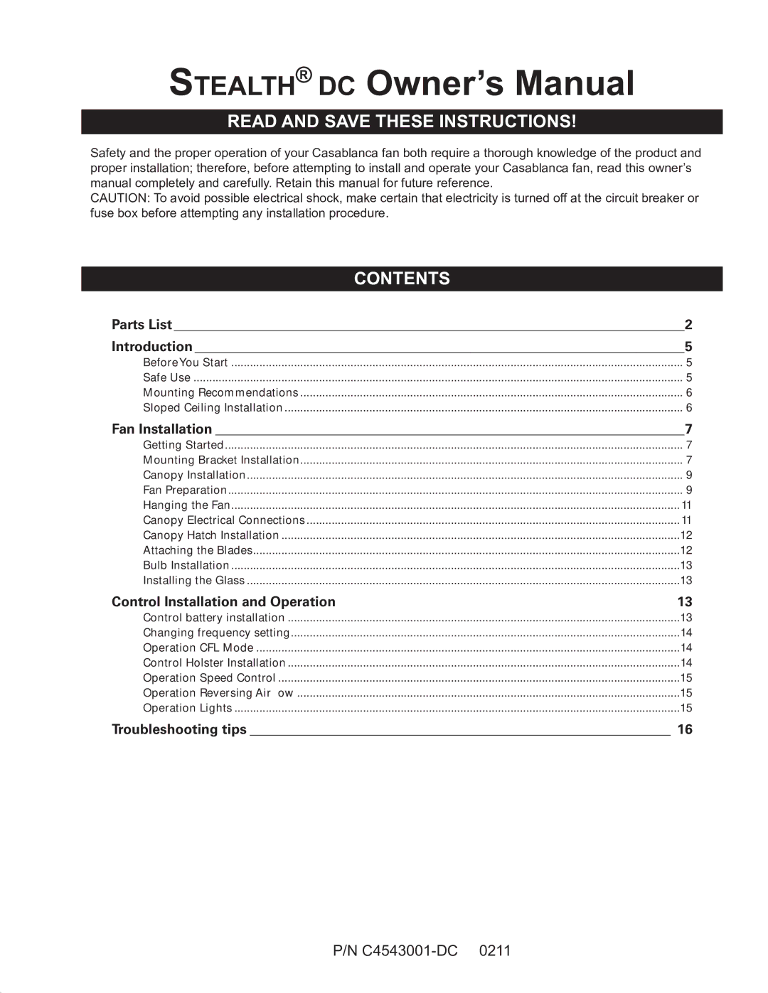 Casablanca Fan Company C45GxxxB owner manual Read and Save These Instructions 