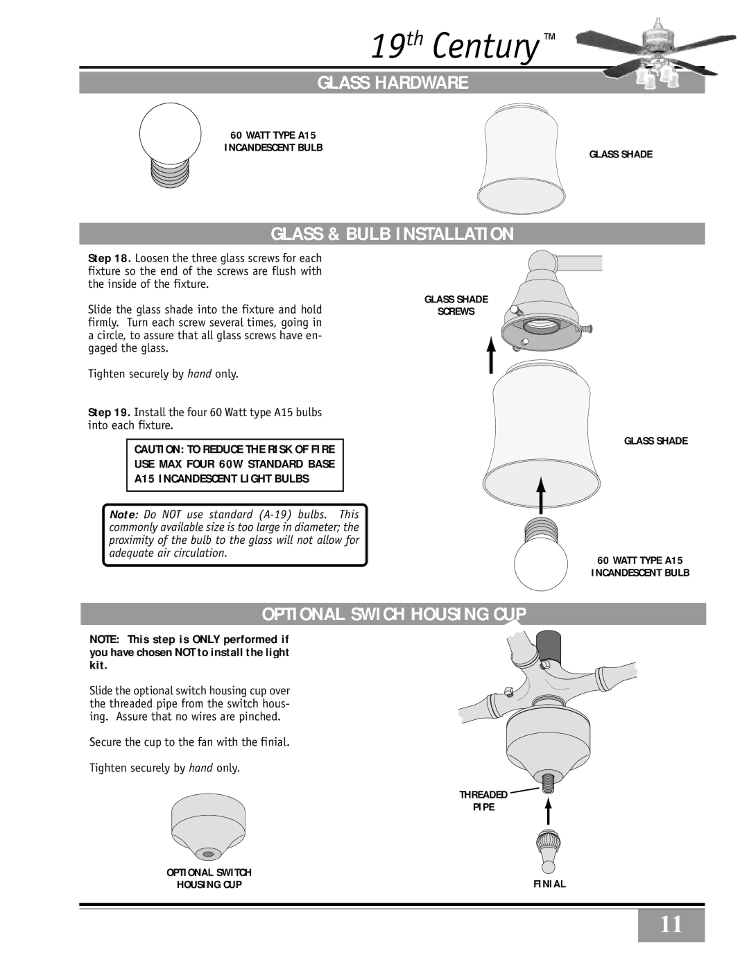 Casablanca Fan Company Casablanca 19th Century manual Glass Hardware, Glass & Bulb Installation, Optional Swich Housing CUP 