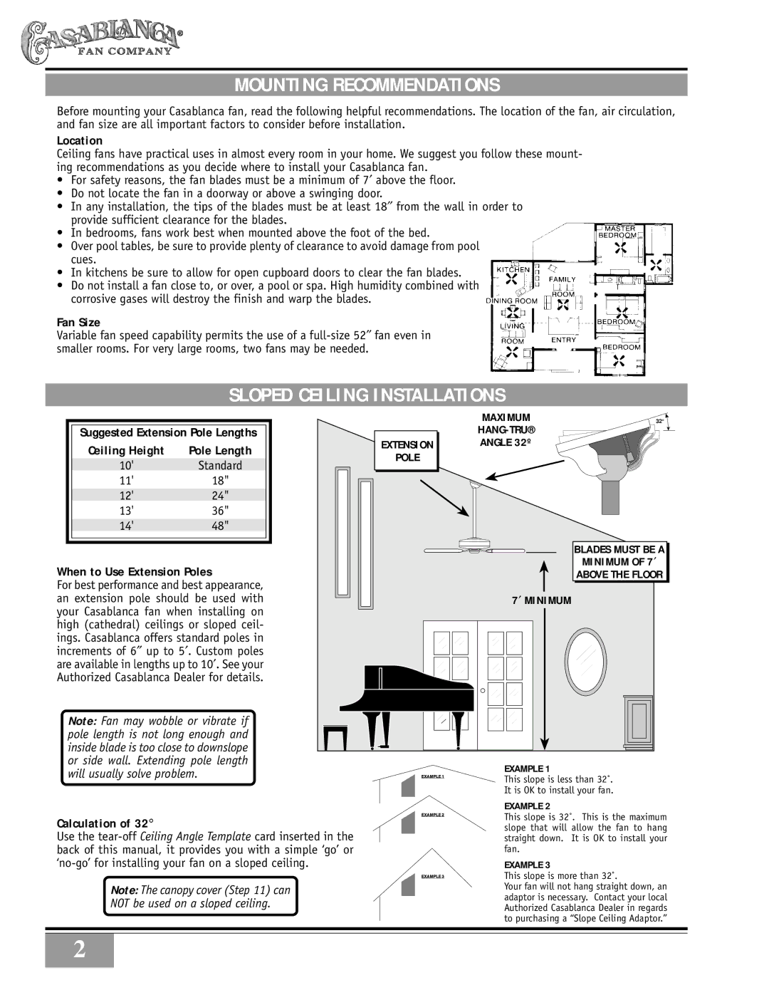 Casablanca Fan Company Casablanca 19th Century manual Mounting Recommendations, Sloped Ceiling Installations 