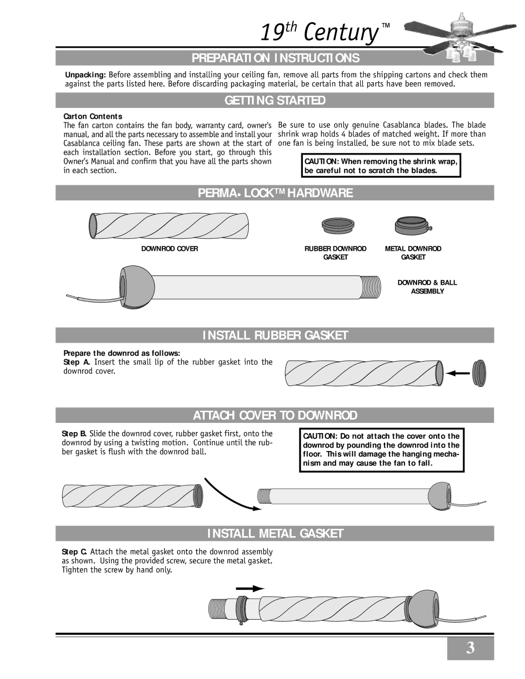 Casablanca Fan Company Casablanca 19th Century manual Preparation Instructions, Getting Started, Permalock Hardware 