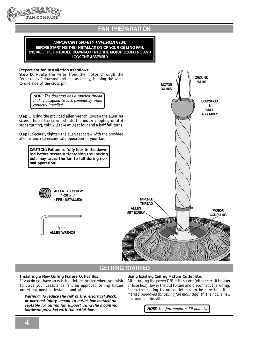 Casablanca Fan Company Casablanca 19th Century manual FAN Preparation, Prepare for fan installation as follows 