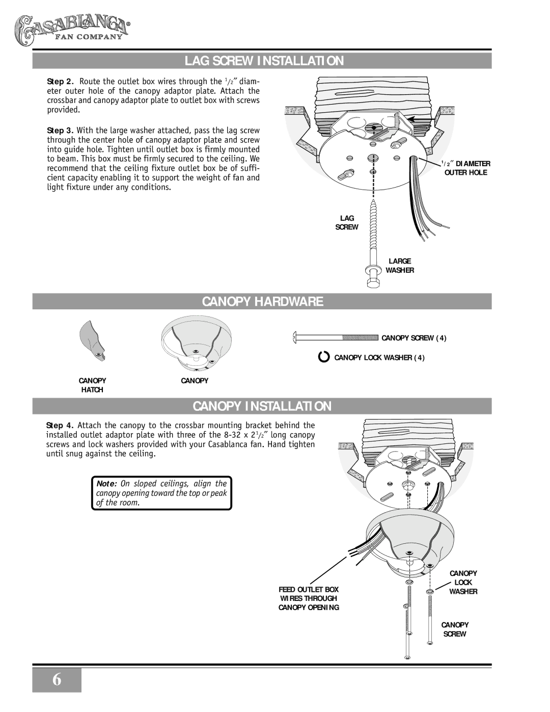 Casablanca Fan Company Casablanca 19th Century manual LAG Screw Installation, Canopy Hardware, Canopy Installation 