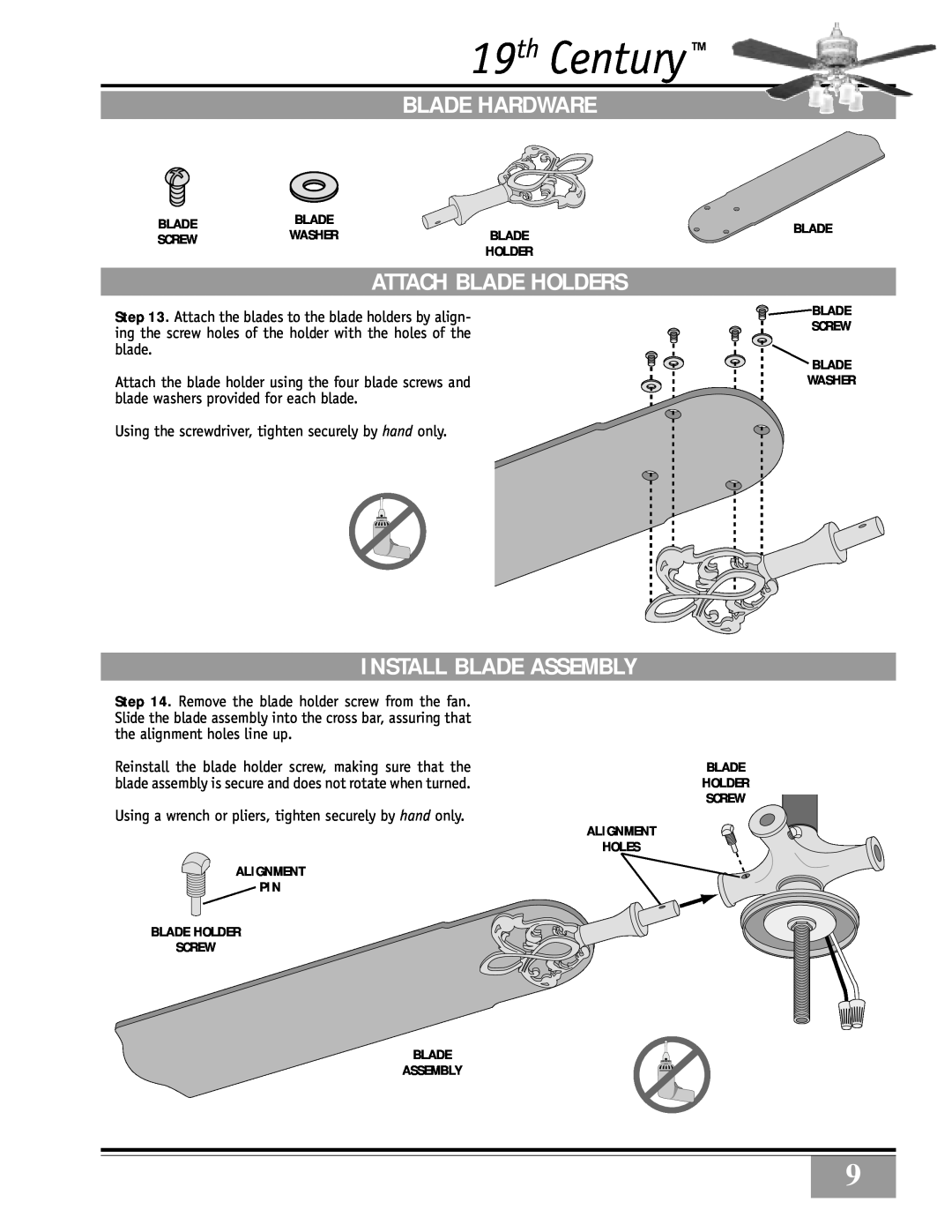 Casablanca Fan Company Casablanca 19th Century manual Blade Hardware, Attach Blade Holders, Install Blade Assembly, Screw 