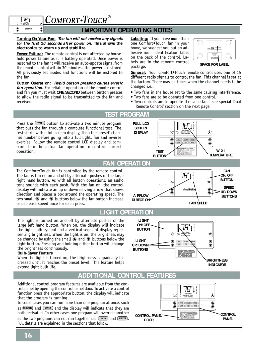 Casablanca Fan Company Casablanca Brescia Gallery Edition Test Program, FAN Operation, Light Operation, Bulb-Saver Feature 