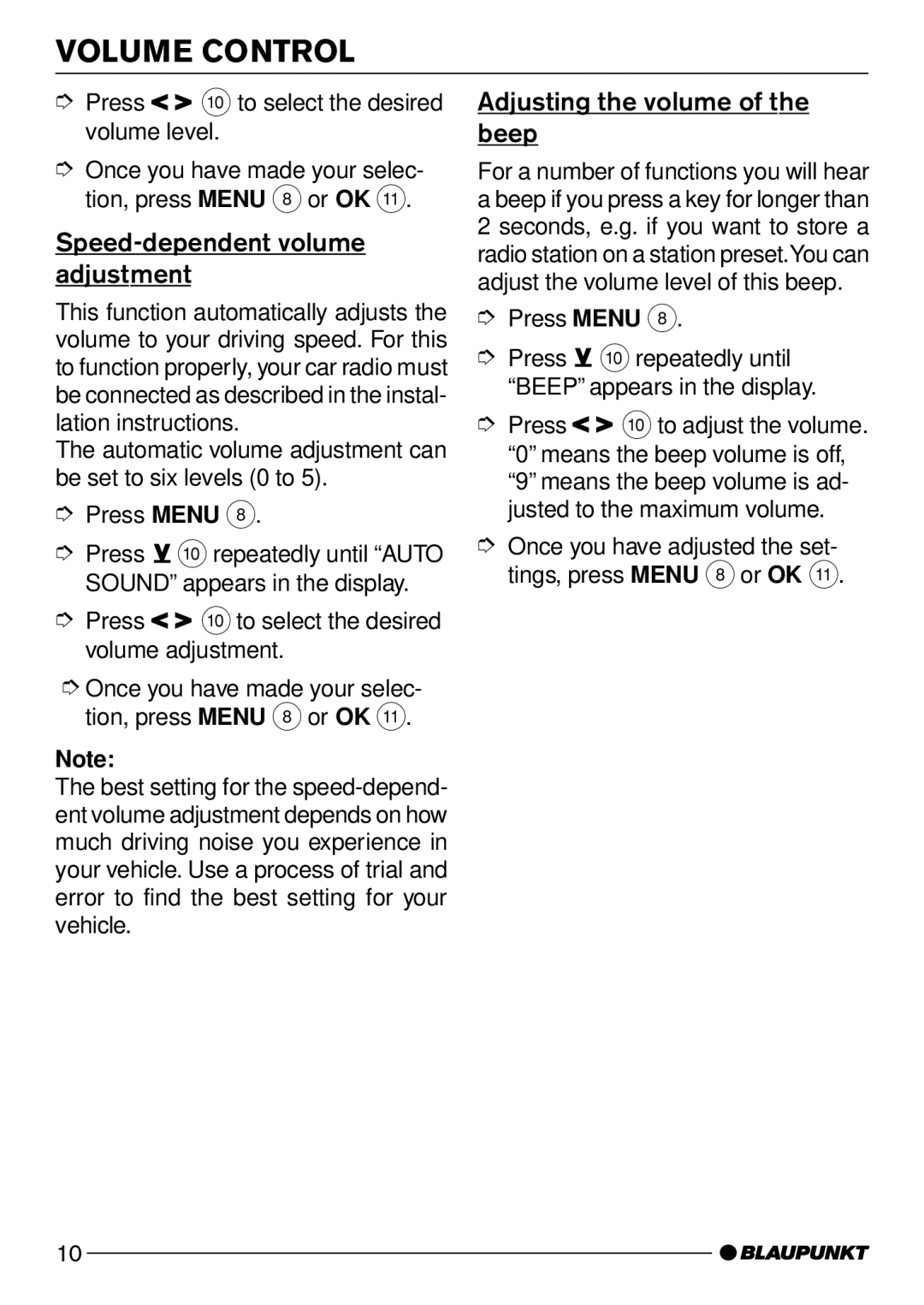 Casablanca Fan Company CD50 operating instructions Speed-dependent volume adjustment, Adjusting the volume of the beep 