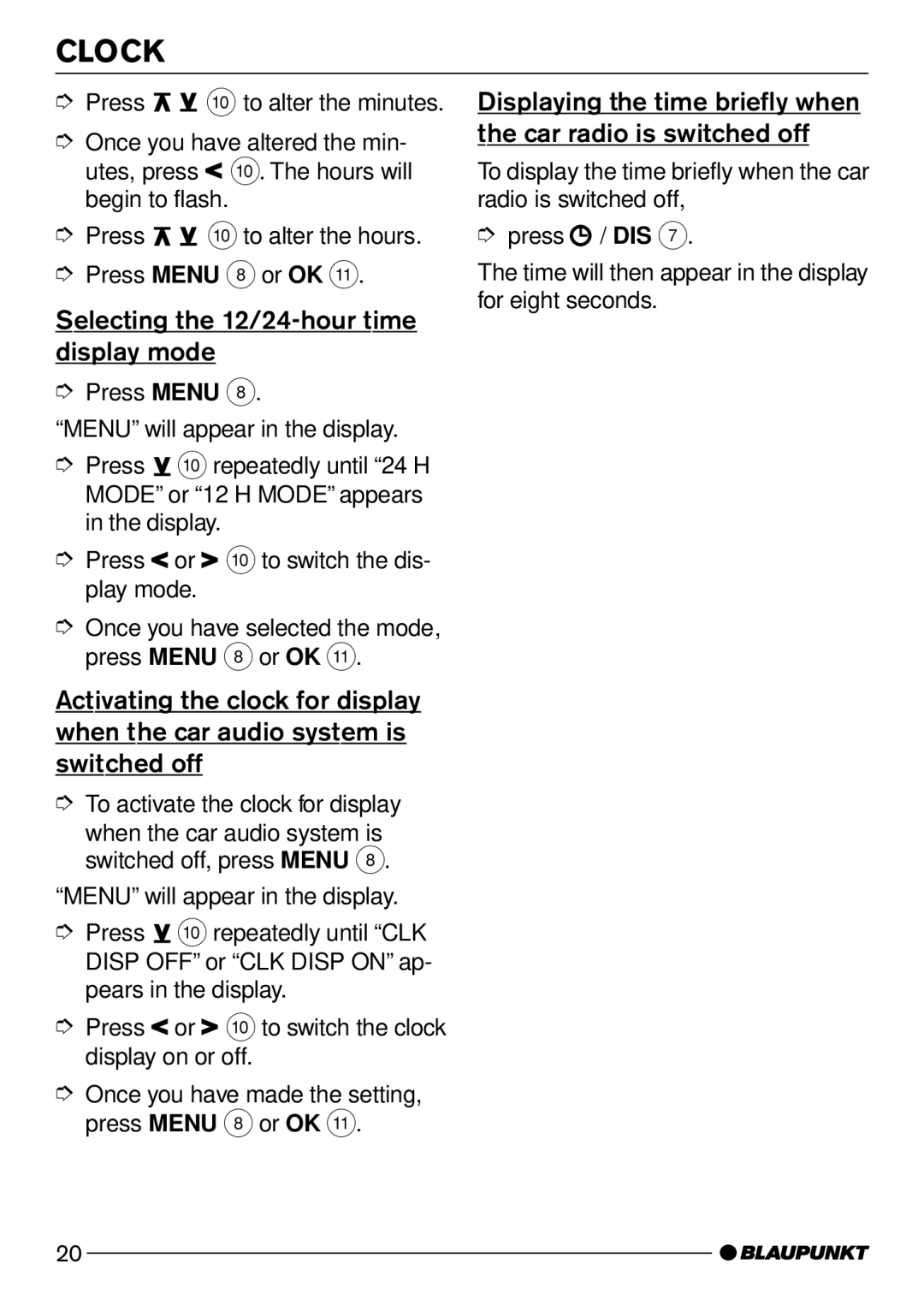 Casablanca Fan Company CD50 operating instructions Clock, Selecting the 12/24-hour time display mode 