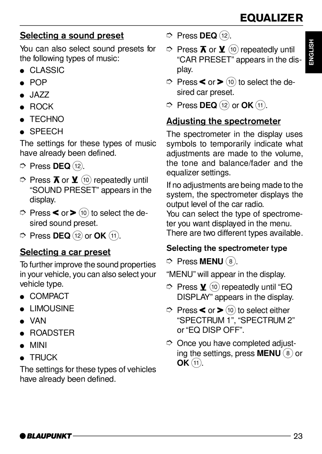 Casablanca Fan Company CD50 Selecting a sound preset, Selecting a car preset, Adjusting the spectrometer 