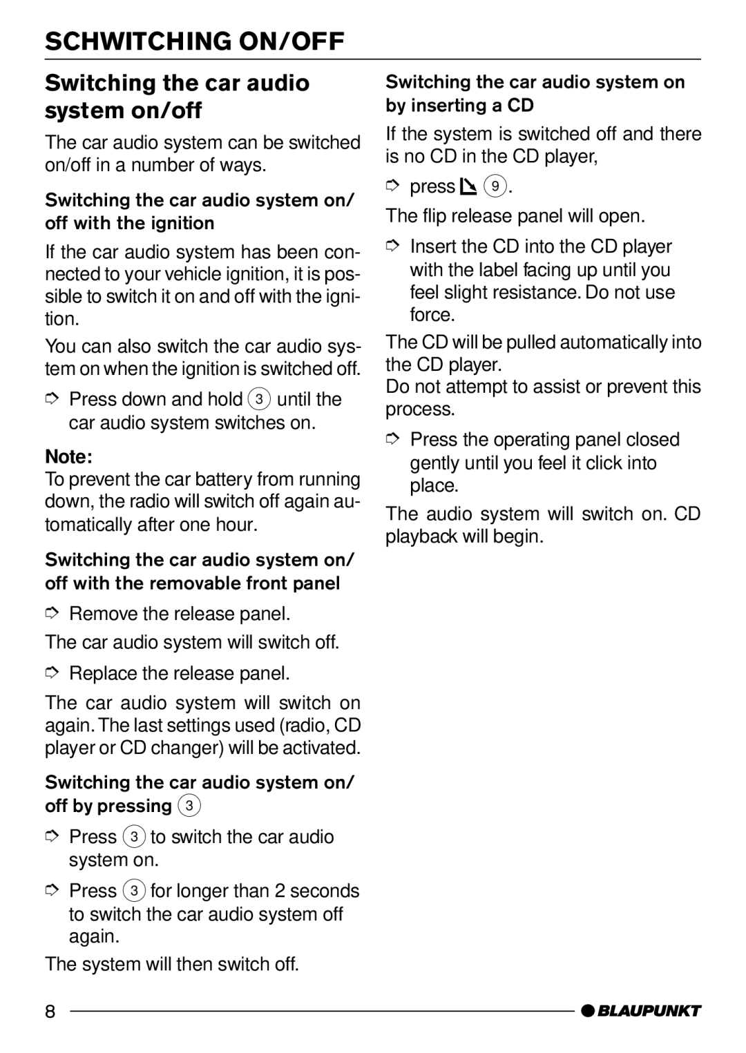 Casablanca Fan Company CD50 operating instructions Schwitching ON/OFF, Switching the car audio system on/off 