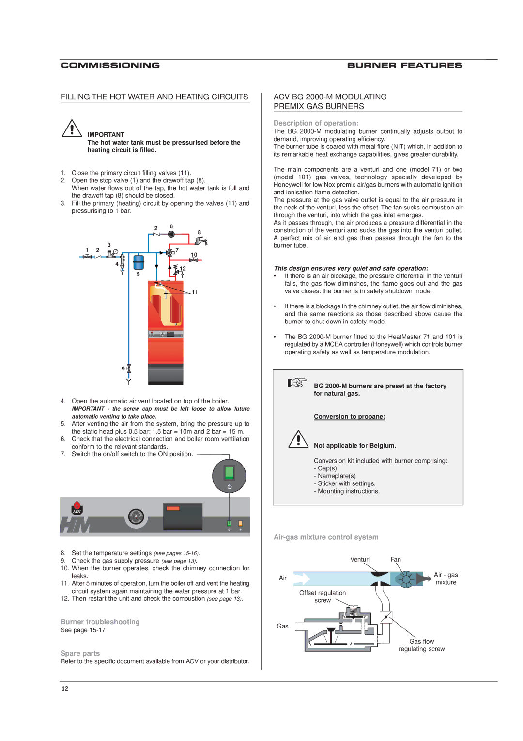 Casablanca Fan Company HM 71, HM 101 manual Commissioning, Filling the HOT Water and Heating Circuits, Burner Features 