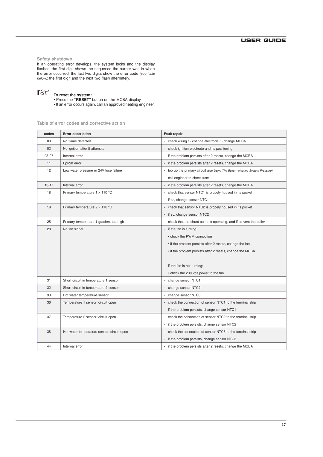 Casablanca Fan Company HM 101, HM 71 manual Safety shutdown, Table of error codes and corrective action, To reset the system 