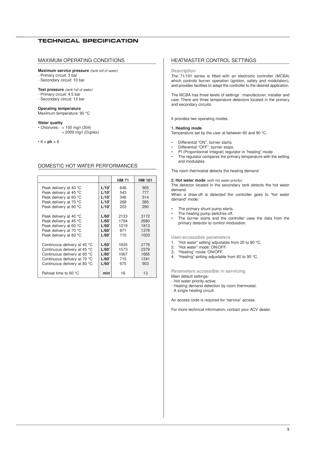 Casablanca Fan Company HM 101 Maximum Operating Conditions, Domestic HOT Water Performances, Heatmaster Control Settings 