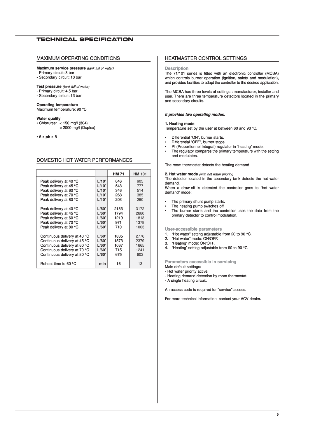 Casablanca Fan Company HM 101, HM 71 manual Technical Specification, Description, User-accessible parameters, 6 ≤ ph ≥ 