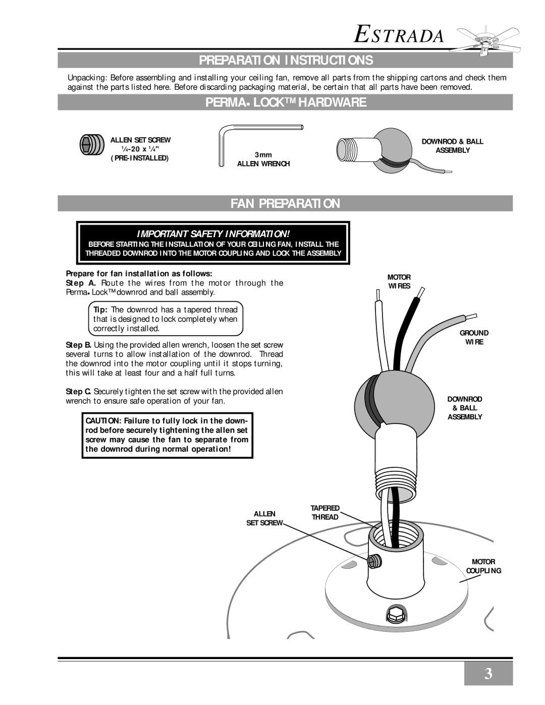 Casablanca Fan Company III manual Preparation Instructions, Permalock Hardware, FAN Preparation 