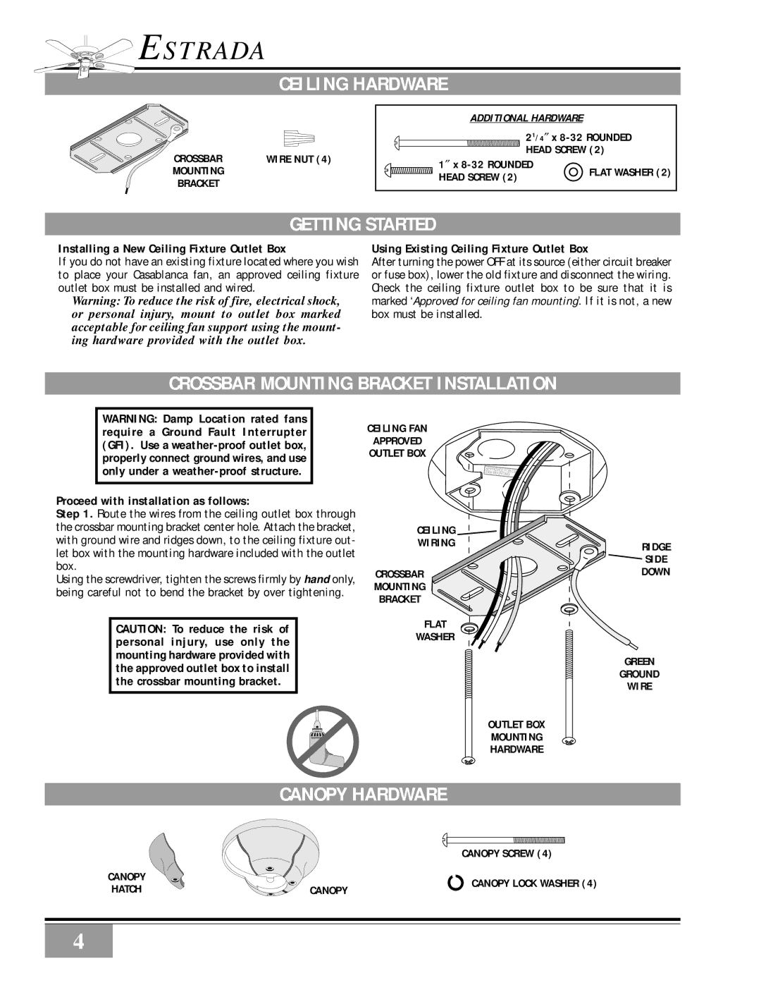 Casablanca Fan Company III manual Ceiling Hardware, Getting Started, Crossbar Mounting Bracket Installation 