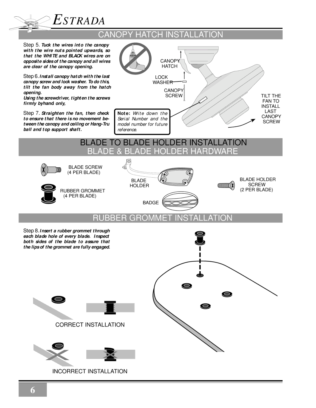 Casablanca Fan Company III manual Canopy Hatch Installation, Blade & Blade Holder Hardware, Rubber Grommet Installation 