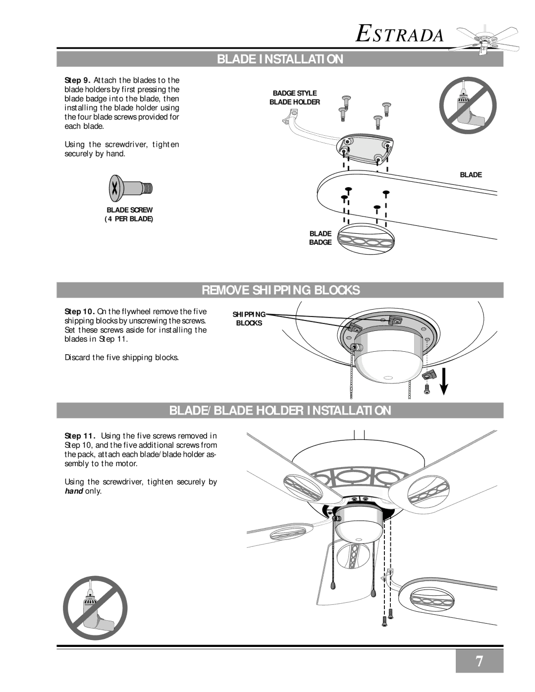 Casablanca Fan Company III manual Blade Installation, Remove Shipping Blocks, BLADE/BLADE Holder Installation 