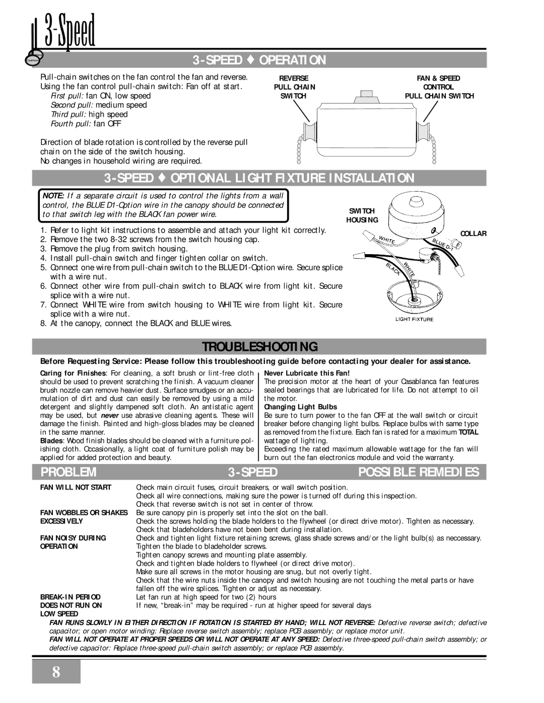 Casablanca Fan Company III manual Speed Operation, Speed Optional Light Fixture Installation, Problem Speed 