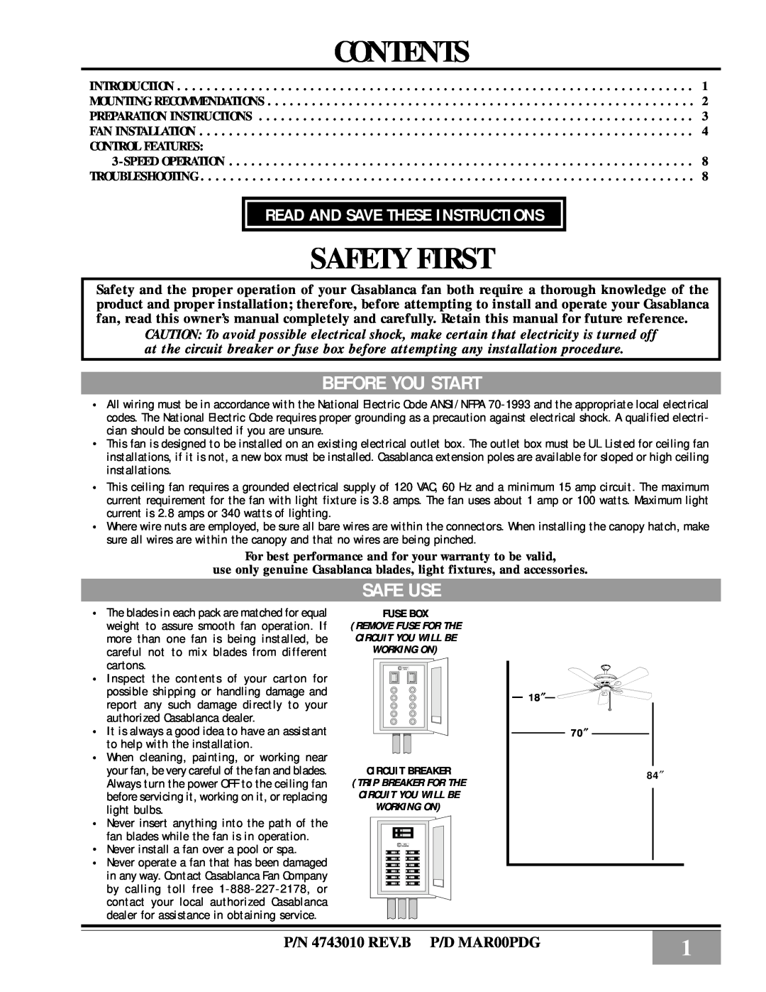 Casablanca Fan Company III manual Before You Start, Safe Use, Read And Save These Instructions, Control Features, Contents 