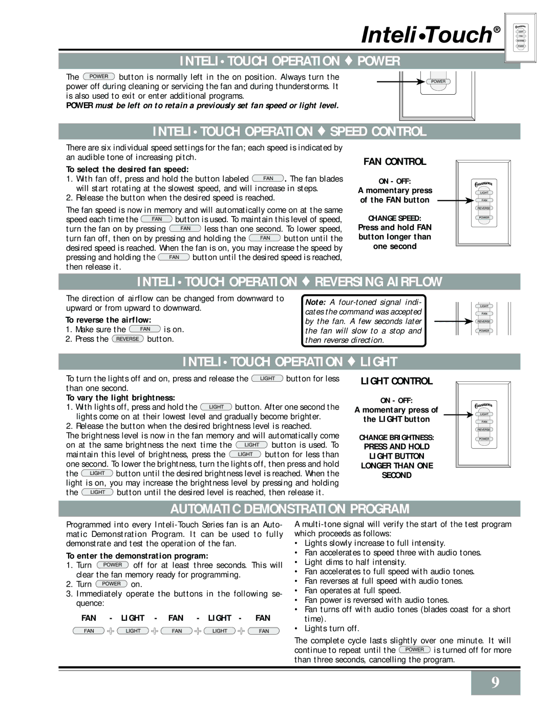 Casablanca Fan Company Metropolitan manual Intelitouch Operation Power, Intelitouch Operation Speed Control 