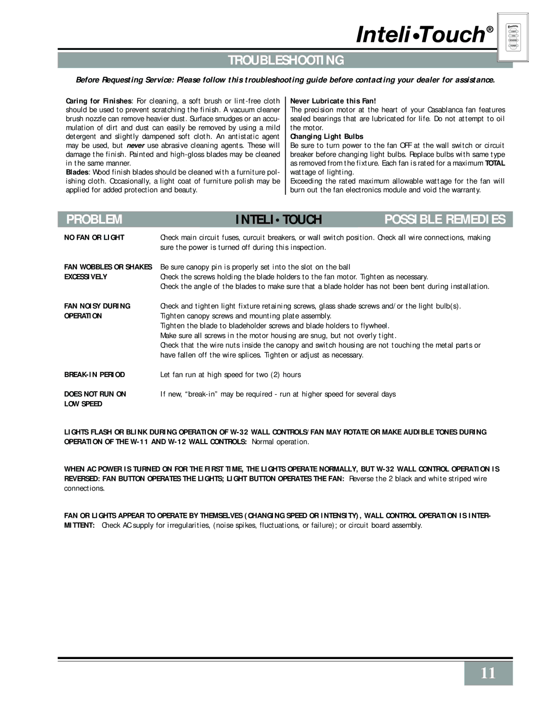 Casablanca Fan Company Metropolitan manual Troubleshooting, Problem 