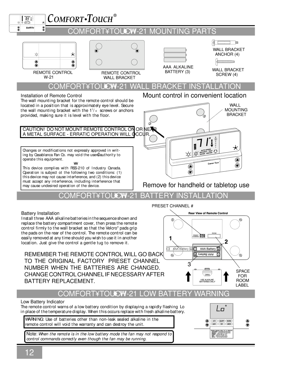 Casablanca Fan Company Metropolitan manual Comforttouch W-21 Mounting Parts, Comforttouch W-21 Wall Bracket Installation 